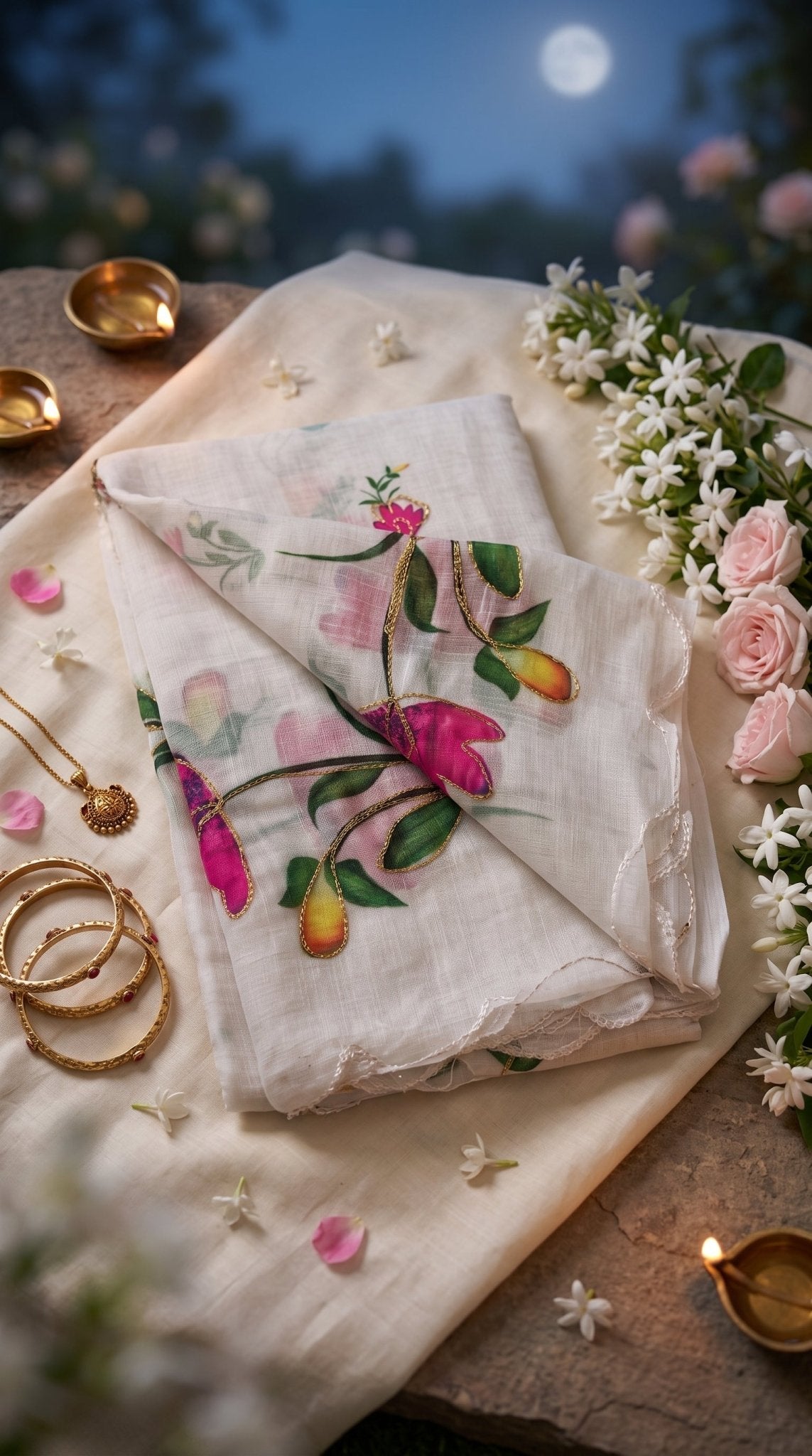 Light beige muslin cotton saree from SOL BY SMITHA with delicate embroidery and traditional drape.