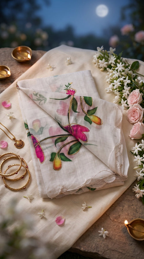 Light beige muslin cotton saree from SOL BY SMITHA with delicate embroidery and traditional drape.