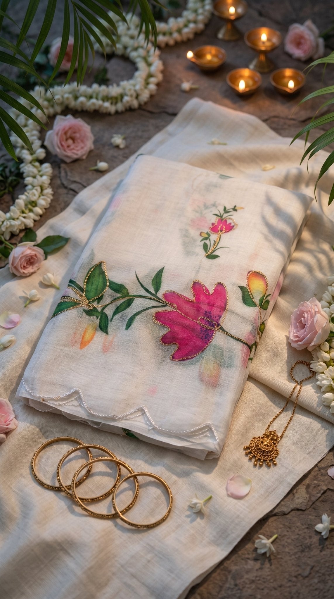 Light beige Muslin Cotton Saree from SOL BY SMITHA, featuring soft, lightweight fabric with intricate traditional patterns.
