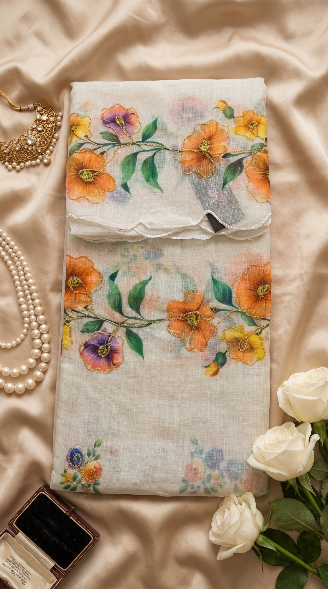 Light beige Muslin Cotton Saree by SOL BY SMITHA featuring delicate draping and traditional design.