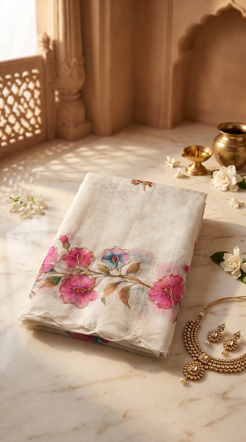 Light beige Muslin Cotton Saree by SOL BY SMITHA with intricate border design, draped showcasing soft, breathable fabric and traditional style.