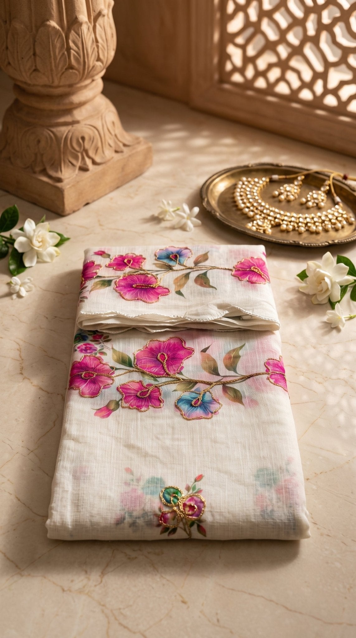 Light pastel muslin cotton saree by SOL BY SMITHA with intricate traditional patterns and soft, breathable fabric.