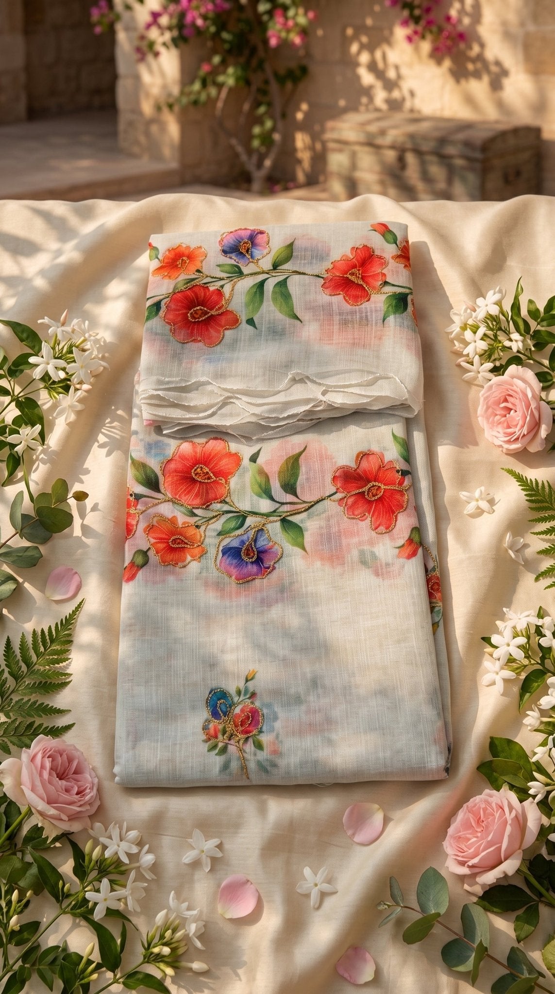 Soft muslin cotton saree from SOL BY SMITHA featuring delicate fabric and traditional drape, perfect for elegant occasions.