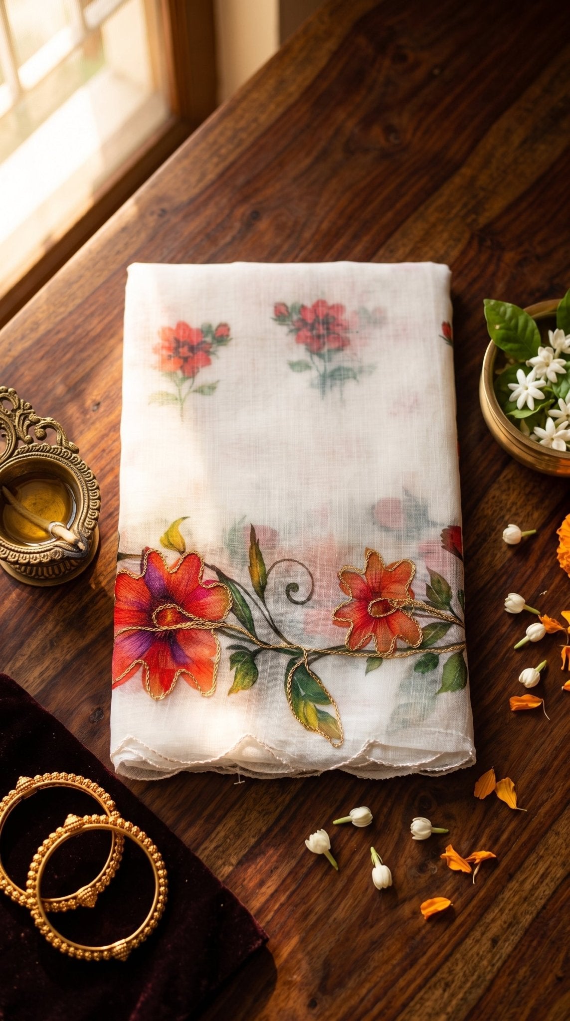 Light beige Muslin Cotton Saree by SOL BY SMITHA with delicate embroidery and traditional drape.