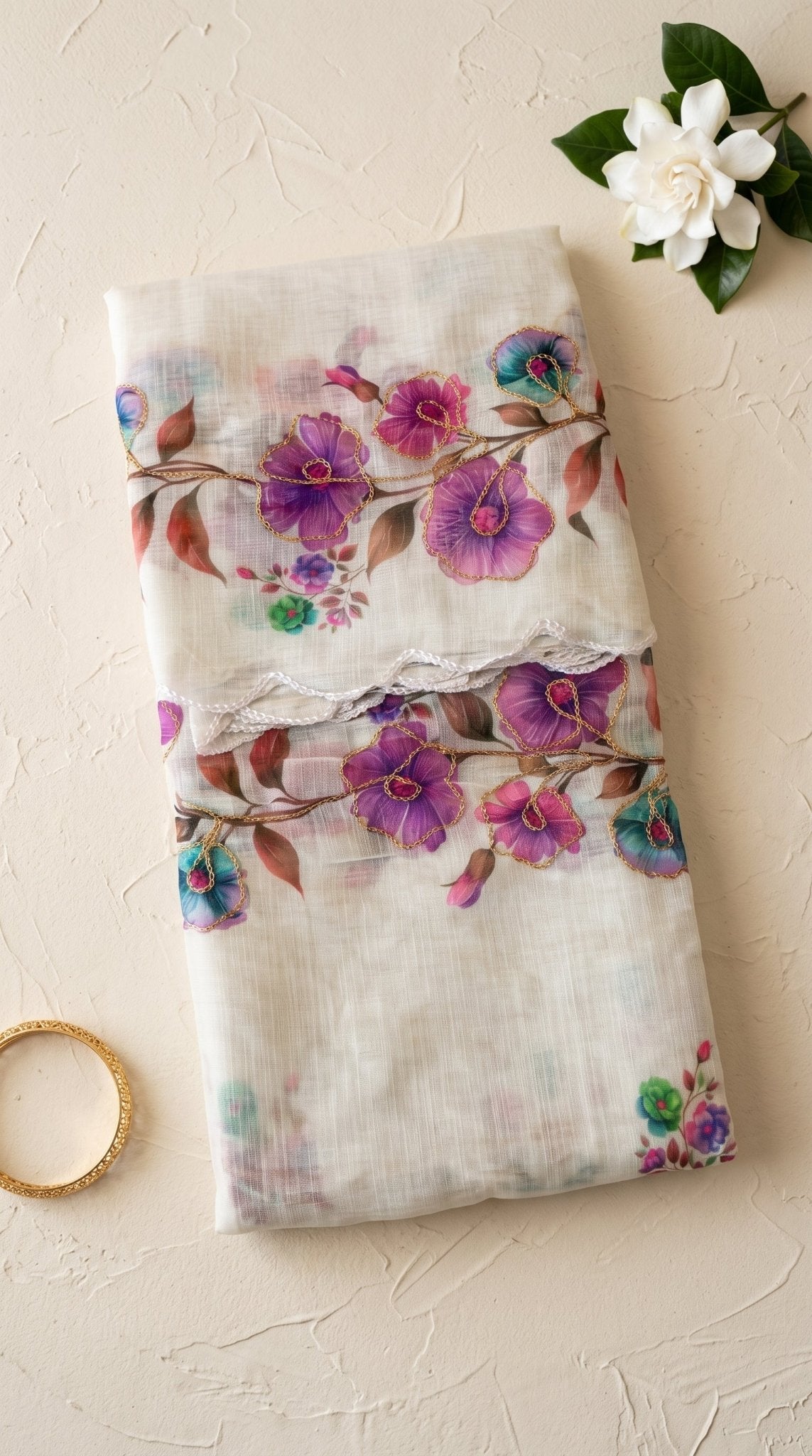 Light beige Muslin Cotton Saree by SOL BY SMITHA featuring delicate draping and soft fabric for elegant traditional wear.