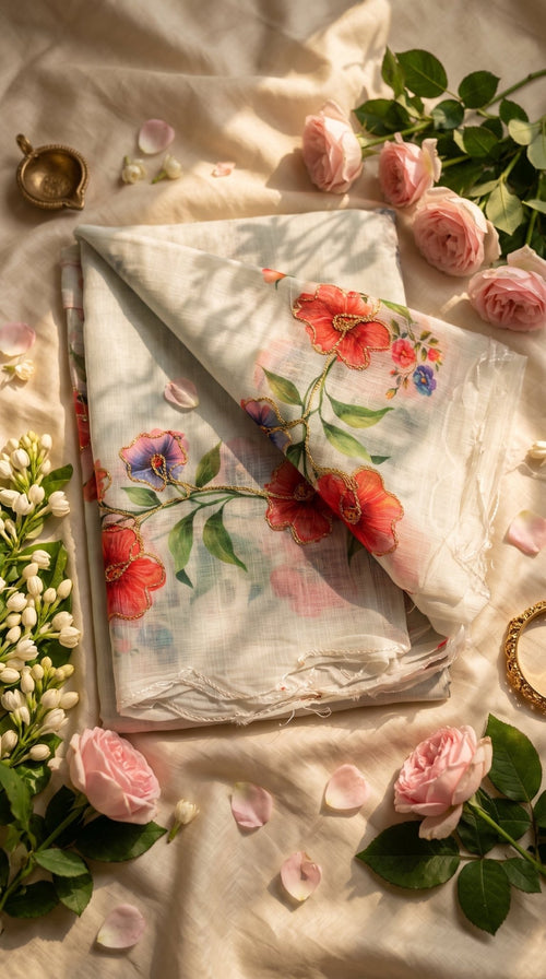 Light beige Muslin Cotton Saree by SOL BY SMITHA with subtle woven patterns and a soft, flowing fabric.