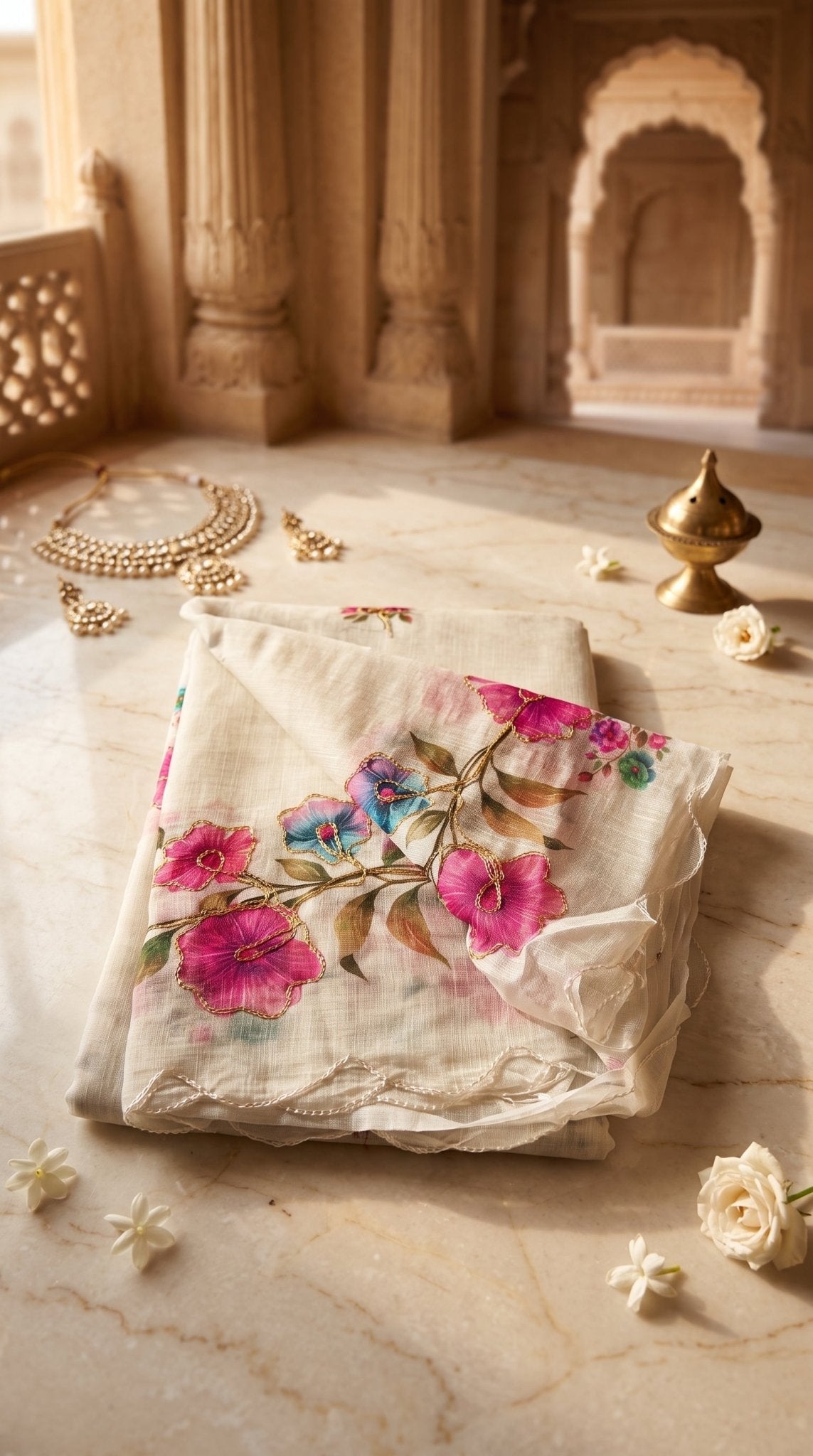 Light beige Muslin Cotton Saree by SOL BY SMITHA, featuring delicate drape and intricate border design.