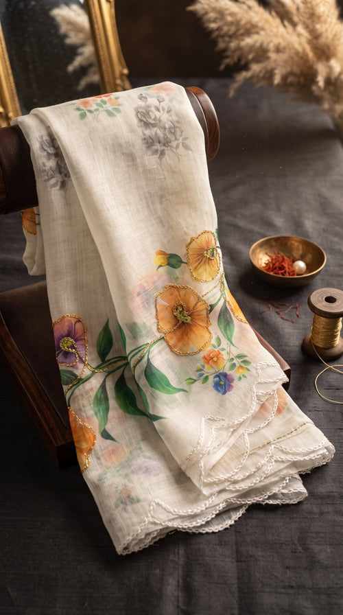 Light beige Muslin Cotton Saree by SOL BY SMITHA with intricate border and traditional drape.