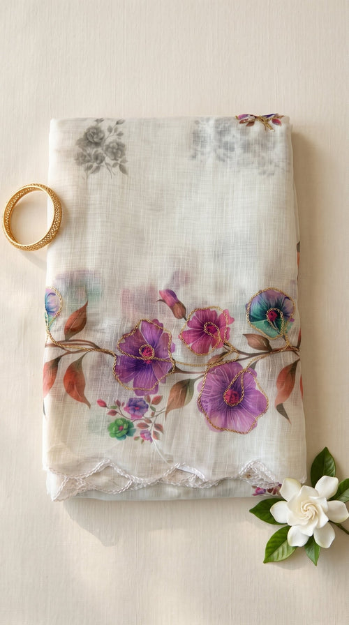 Light beige Muslin Cotton Saree by SOL BY SMITHA with intricate border design and lightweight, soft fabric.