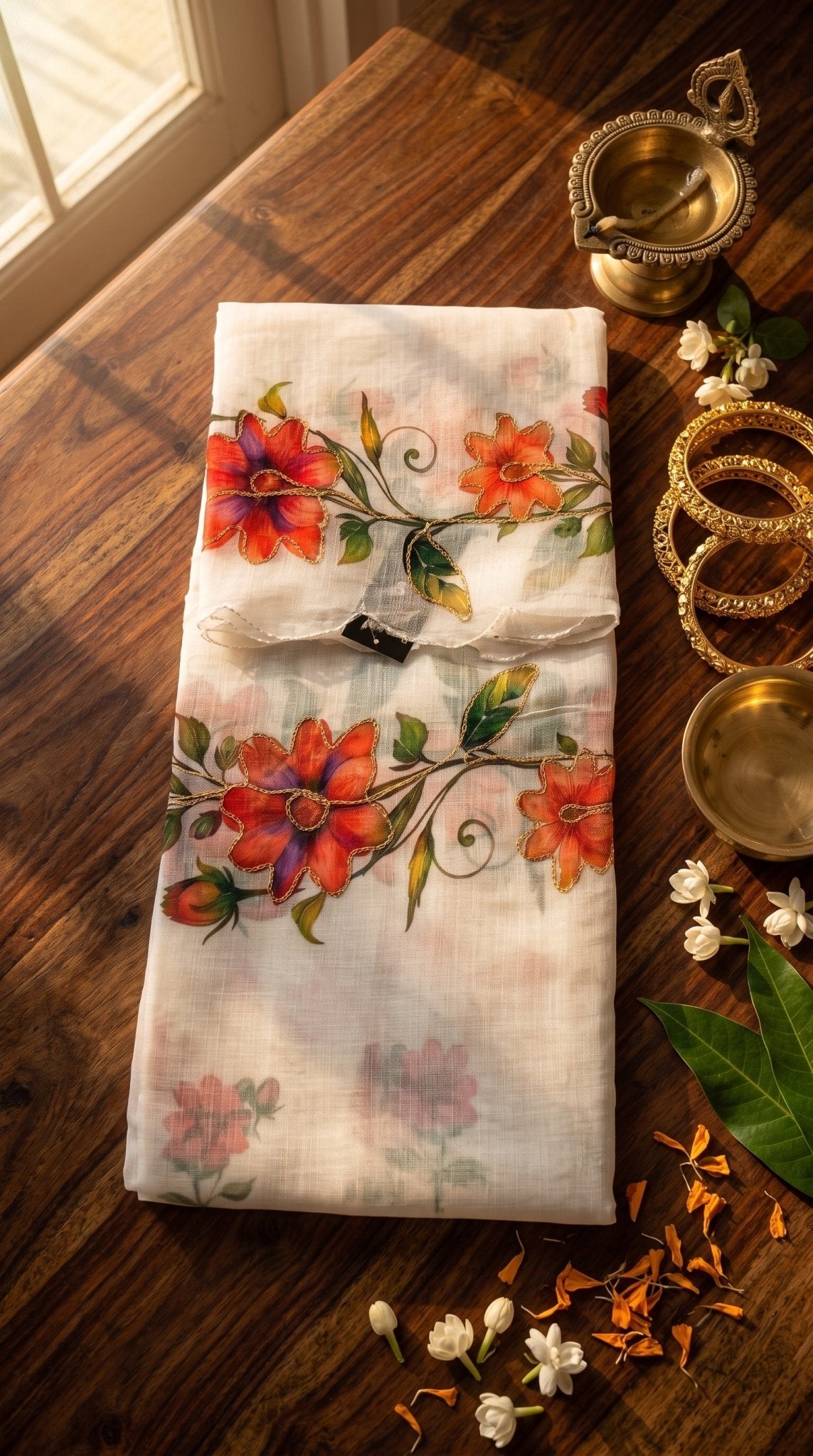 Light pastel Muslin Cotton Saree by SOL BY SMITHA featuring soft fabric and traditional drape, perfect for elegant wear.