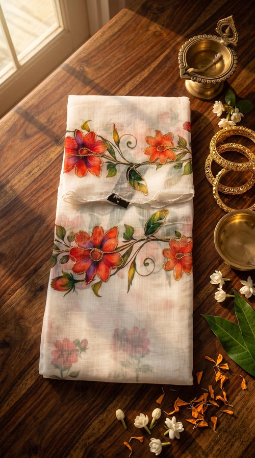 Light pastel Muslin Cotton Saree by SOL BY SMITHA featuring soft fabric and traditional drape, perfect for elegant wear.