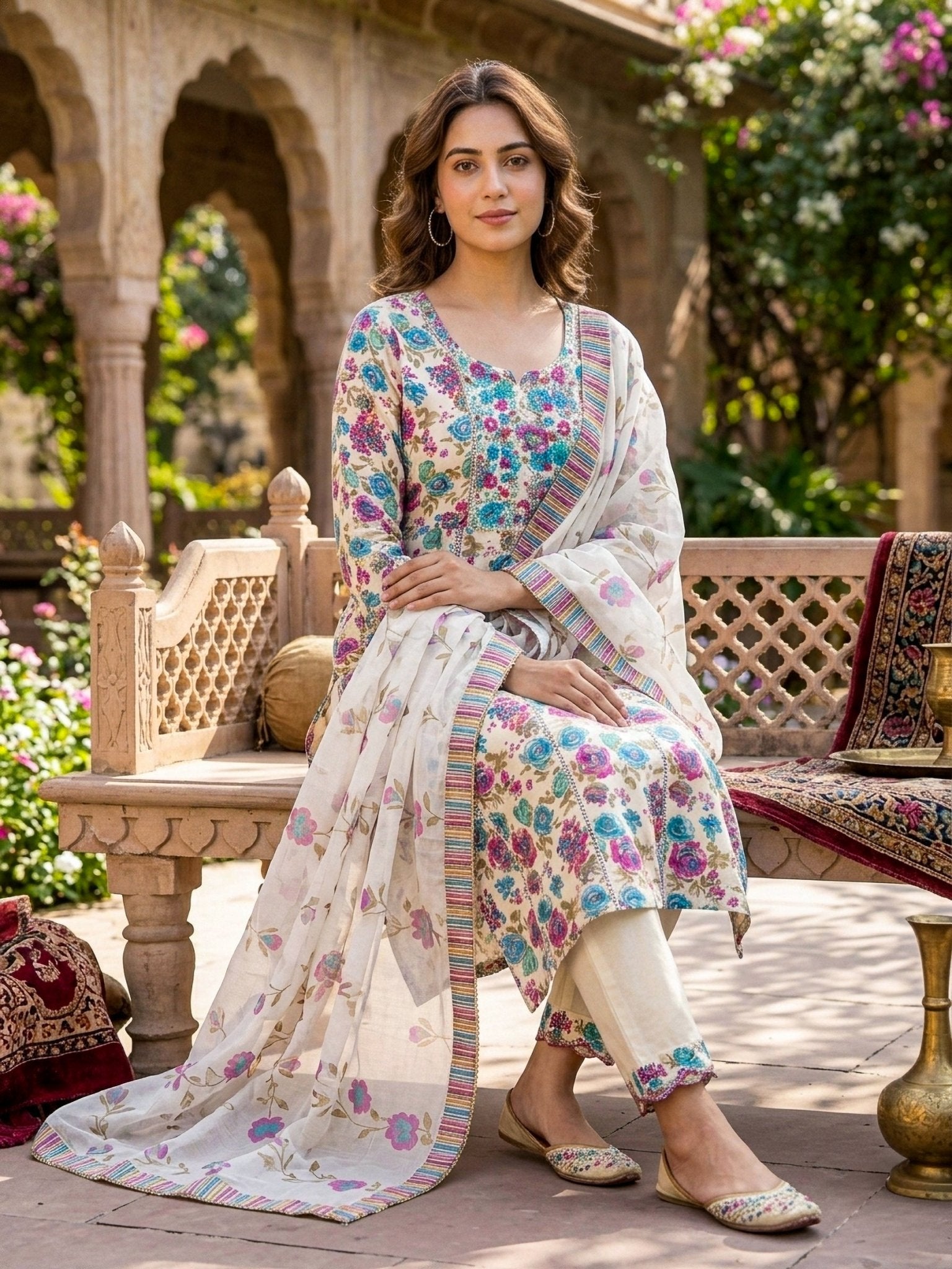 Off White Floral Kurti Set for Women with Dupatta | Elegant Ethnic Wear - SOL BY SMITHA