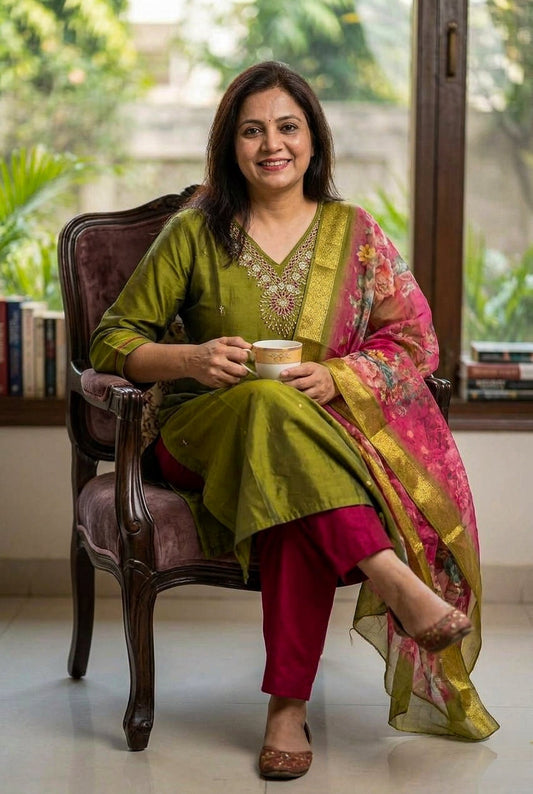 Olive Green Silk Kurta Set with Floral Dupatta | 3 Piece Ethnic Suit UAE - SOL BY SMITHA