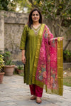 Olive Green Silk Kurta Set with Floral Dupatta | 3 Piece Ethnic Suit UAE - SOL BY SMITHA