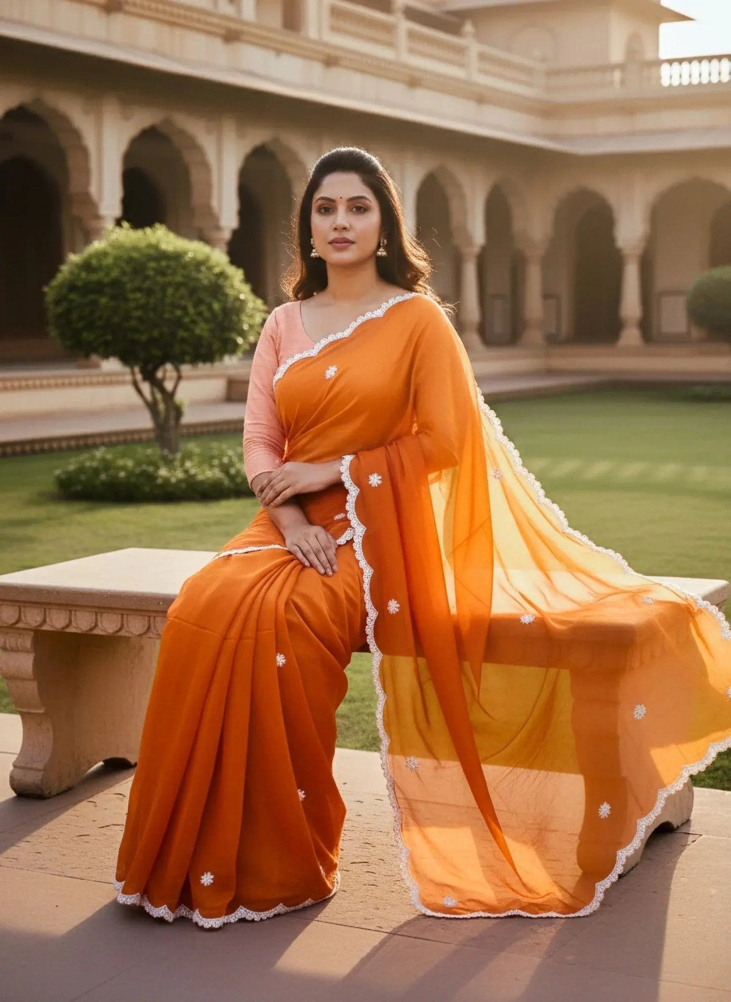 Orange Hand Embellished Saree with White Bead Work – Festive & Occasion Wear | SOL BY SMITHA - SOL BY SMITHA
