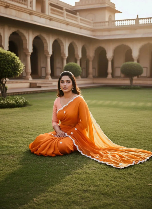 Orange Hand Embellished Saree with White Bead Work – Festive & Occasion Wear | SOL BY SMITHA - SOL BY SMITHA