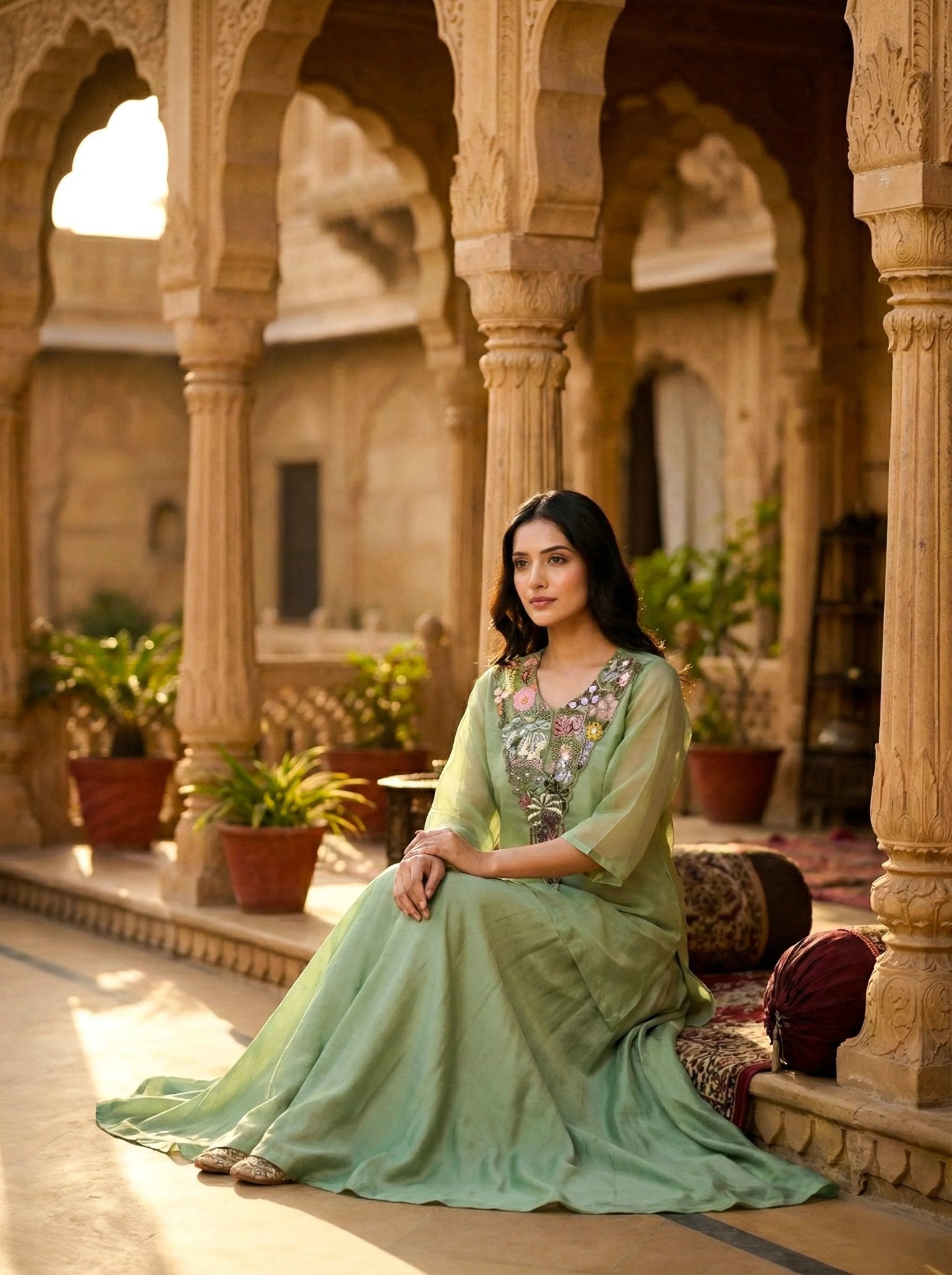 Organza Pastel Green Set - Handwork 3 PC - SOL BY SMITHA