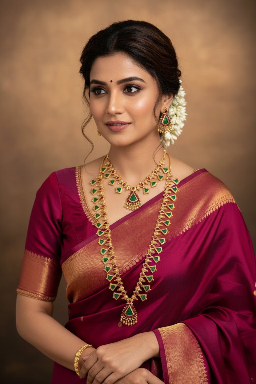 Two PALAKKA HARAAM pieces from SOL BY SMITHA, showcasing traditional Indian jewelry with intricate gold detailing.