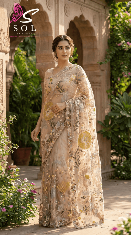 Pastel fully hand work saree with embroidery sequence - SOL BY SMITHA
