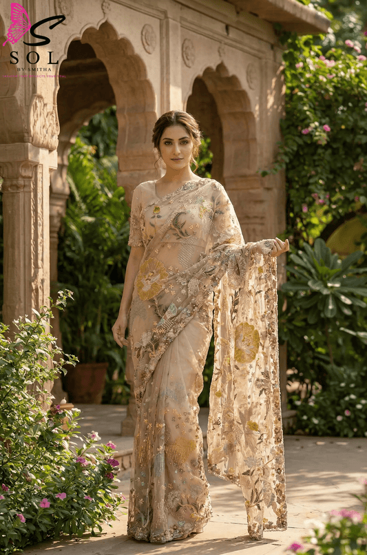 Pastel fully hand work saree with embroidery sequence - SOL BY SMITHA