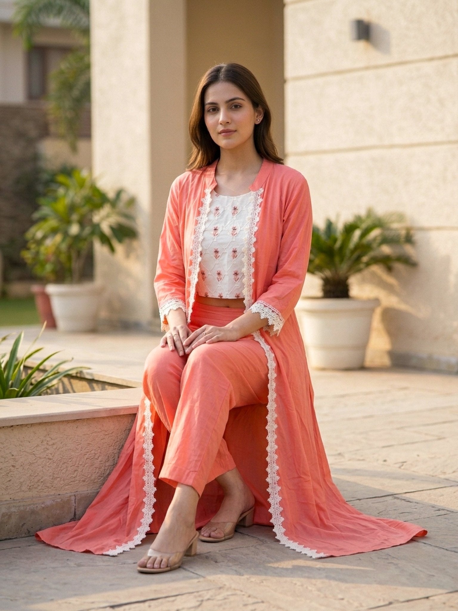 Peach Crop Top with Long Jacket Set | Indo Western 2 - Piece Outfit for Women - SOL BY SMITHA