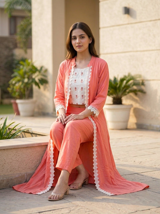 Peach Crop Top with Long Jacket Set | Indo Western 2 - Piece Outfit for Women - SOL BY SMITHA