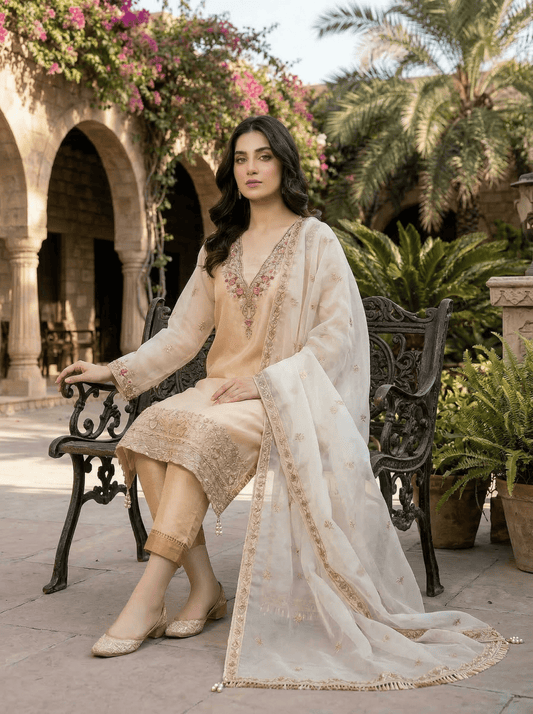 Peach Embroidered Pakistani Suit for Women | 3 Piece Luxury Ethnic Set - SOL BY SMITHA