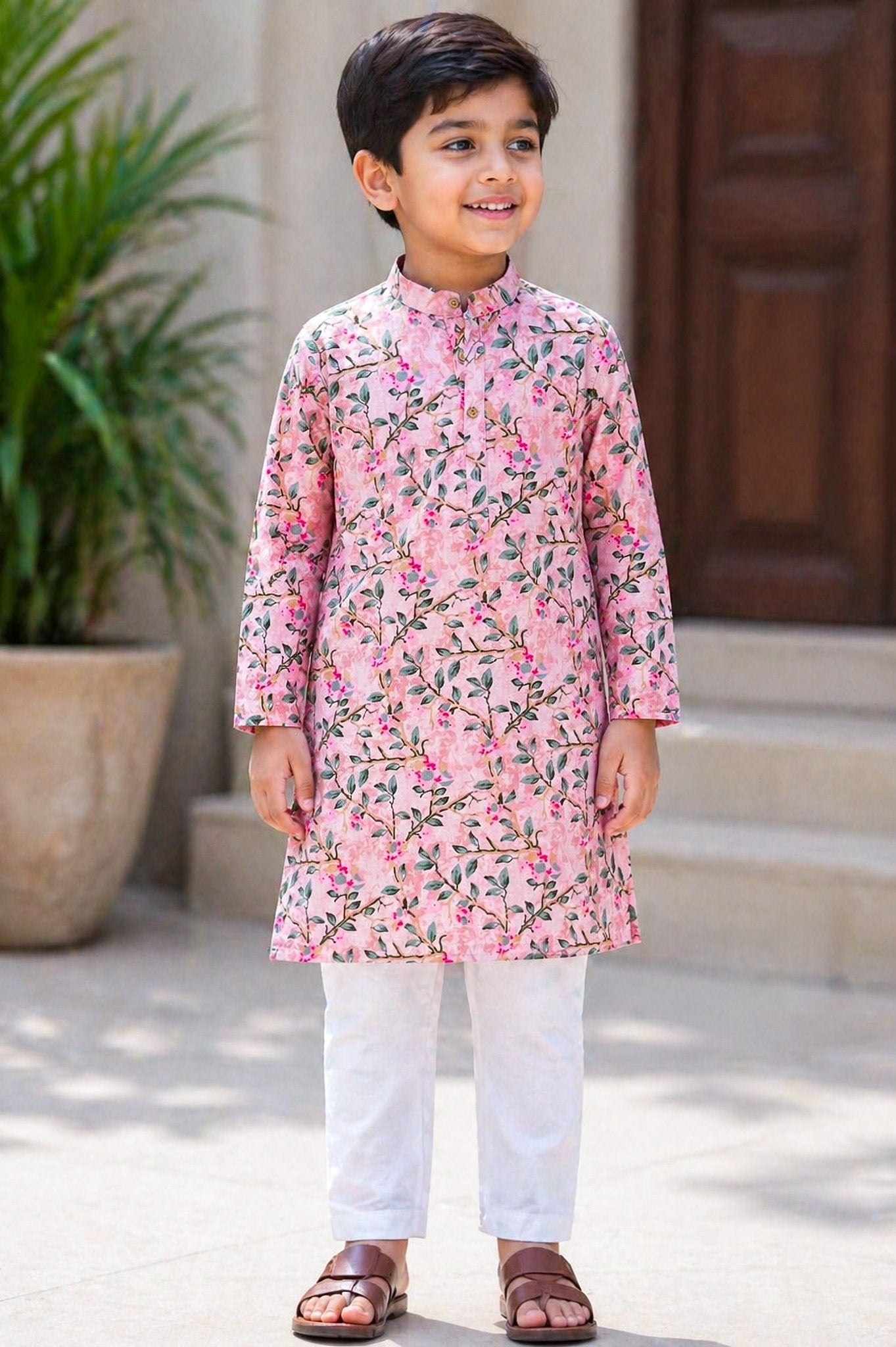Peach Floral Boys Kurta | Printed Ethnic Wear for Kids - SOL BY SMITHA