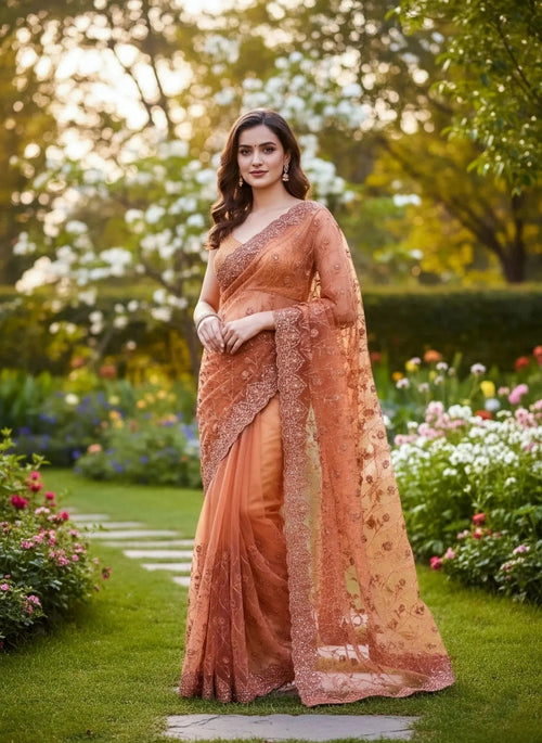 Peach Net Saree - SOL BY SMITHA