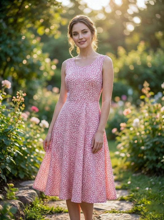 Pink Floral Print Sleeveless Midi Dress for Women | Elegant A - Line Summer Casual & Party Wear - SOL BY SMITHA