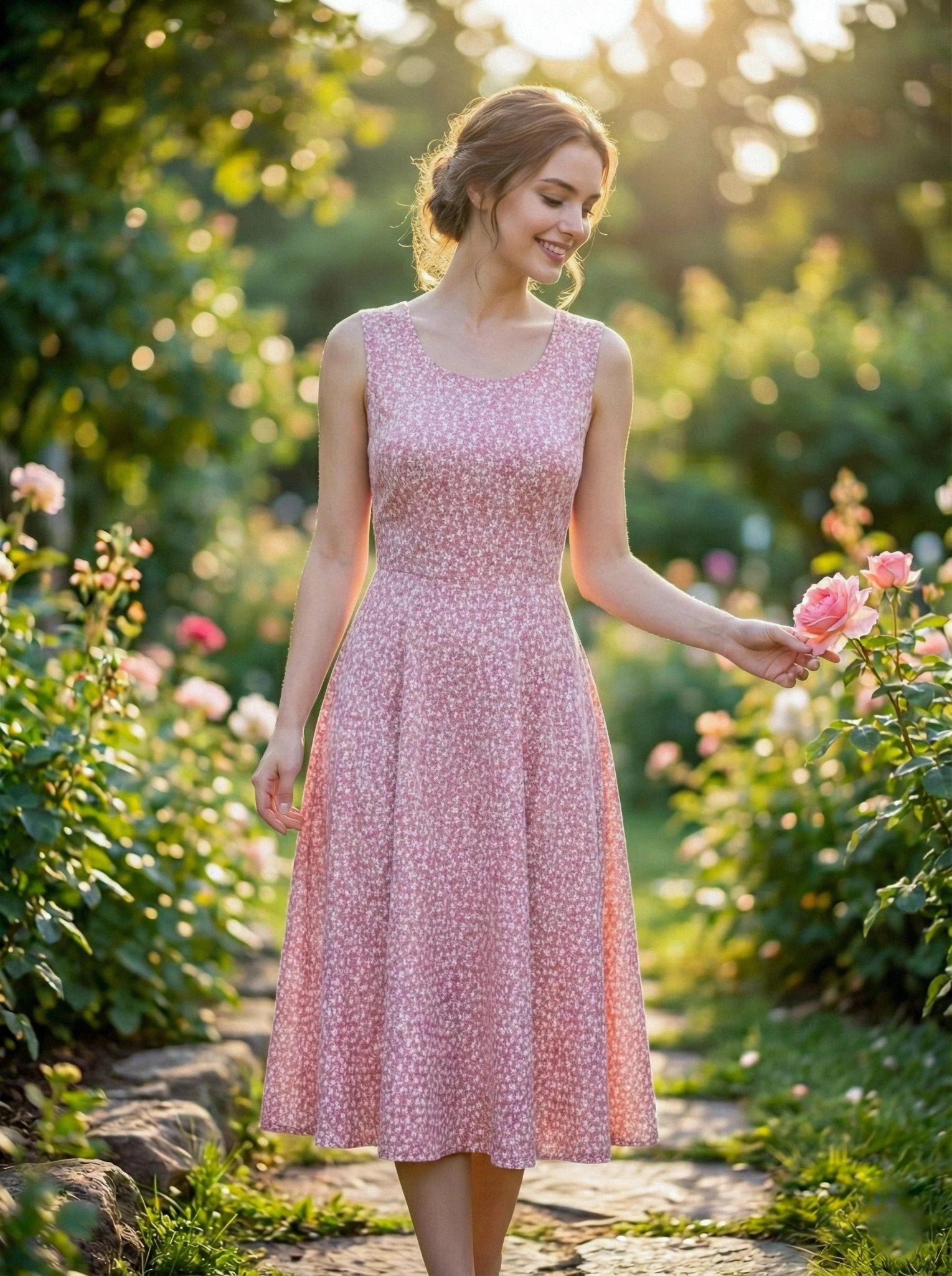 Pink Floral Print Sleeveless Midi Dress for Women | Elegant A - Line Summer Casual & Party Wear - SOL BY SMITHA