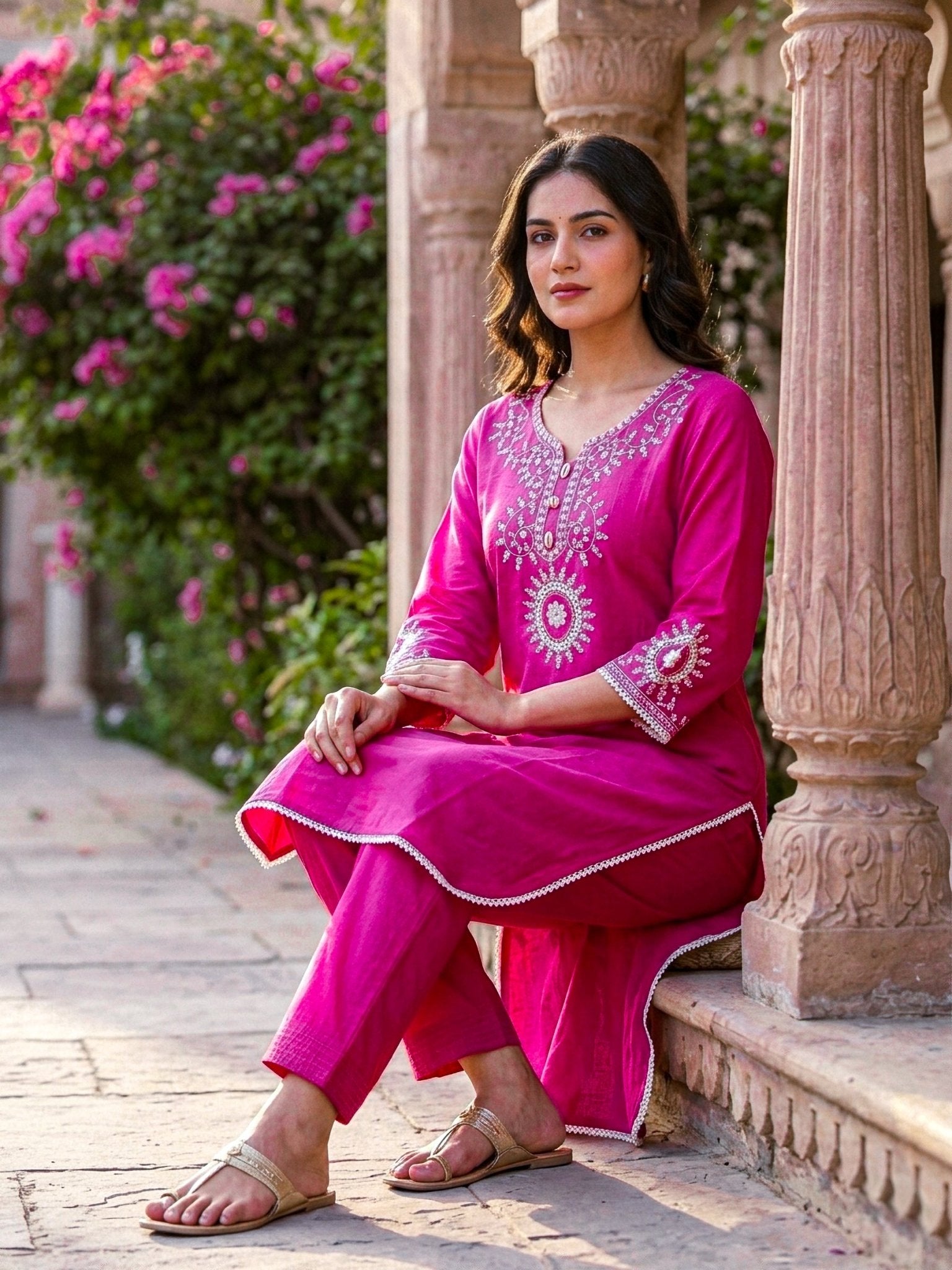 Pink & White Embroidered 2 Piece Kurti Set for Women | Elegant Ethnic Wear - SOL BY SMITHA