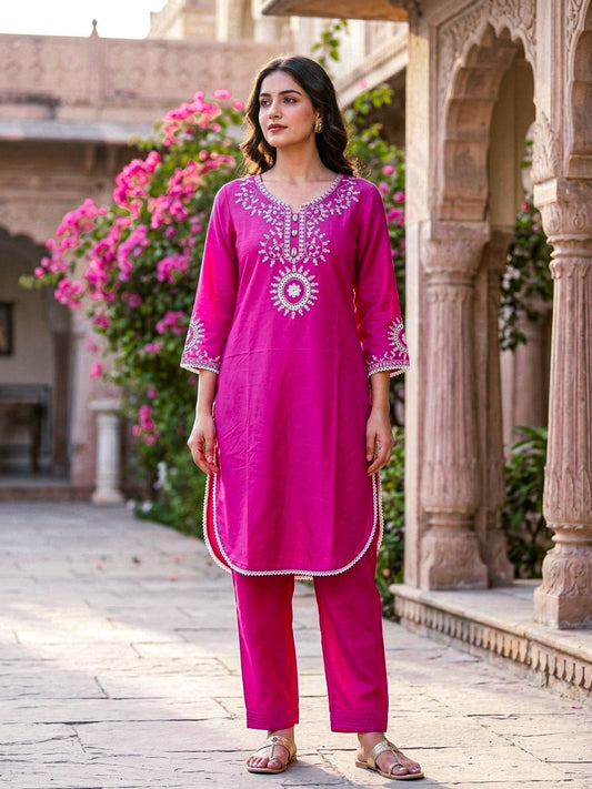 Pink & White Embroidered 2 Piece Kurti Set for Women | Elegant Ethnic Wear - SOL BY SMITHA