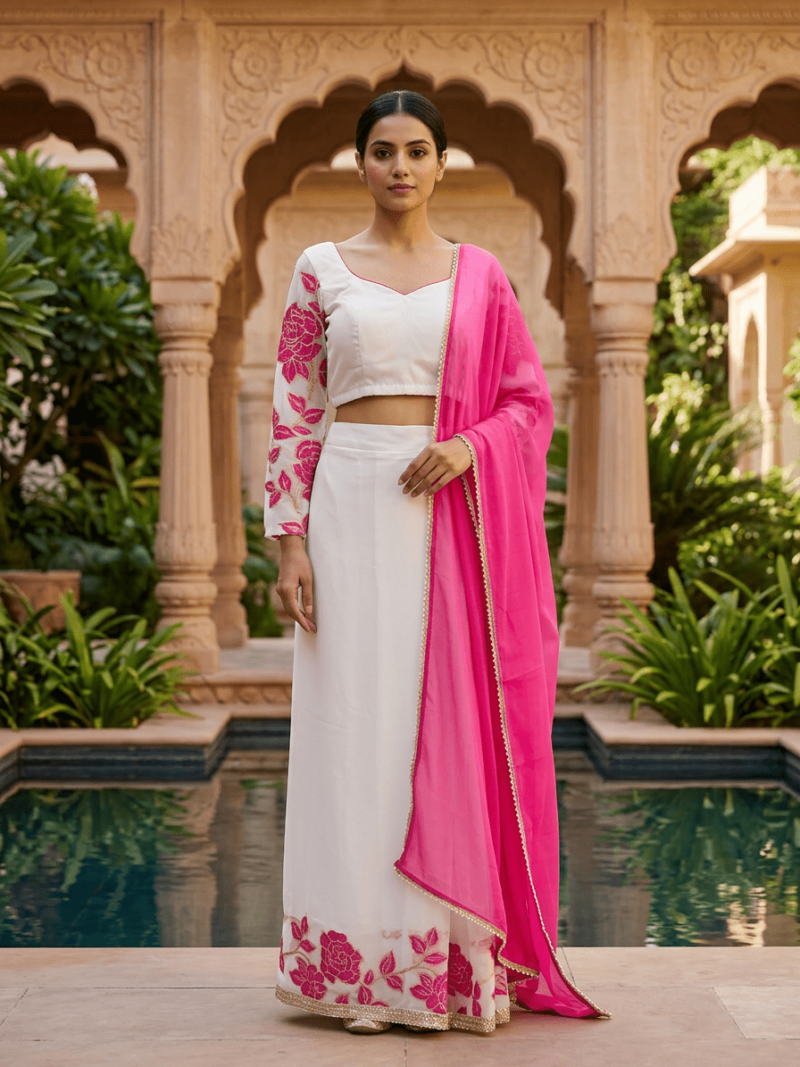 Pink & White Georgette Saree with Organza Embroidery | Party Wear Dubai - SOL BY SMITHA