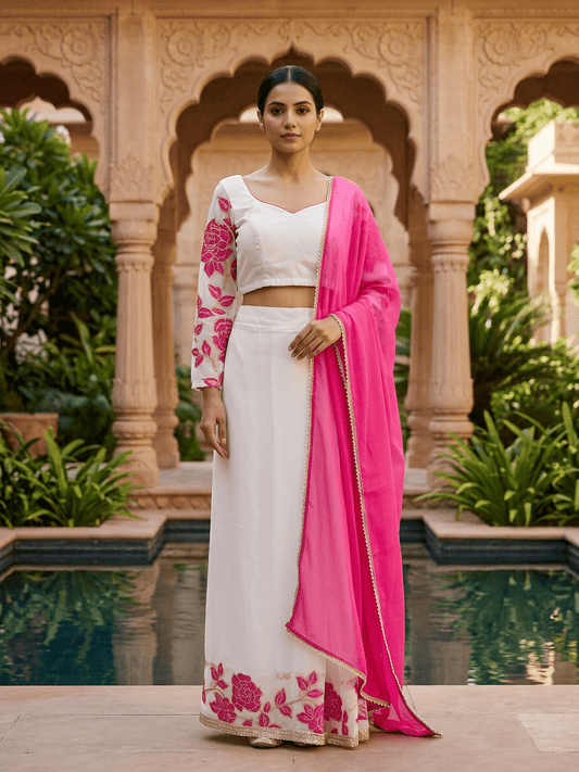 Pink & White Georgette Saree with Organza Embroidery | Party Wear Dubai - SOL BY SMITHA