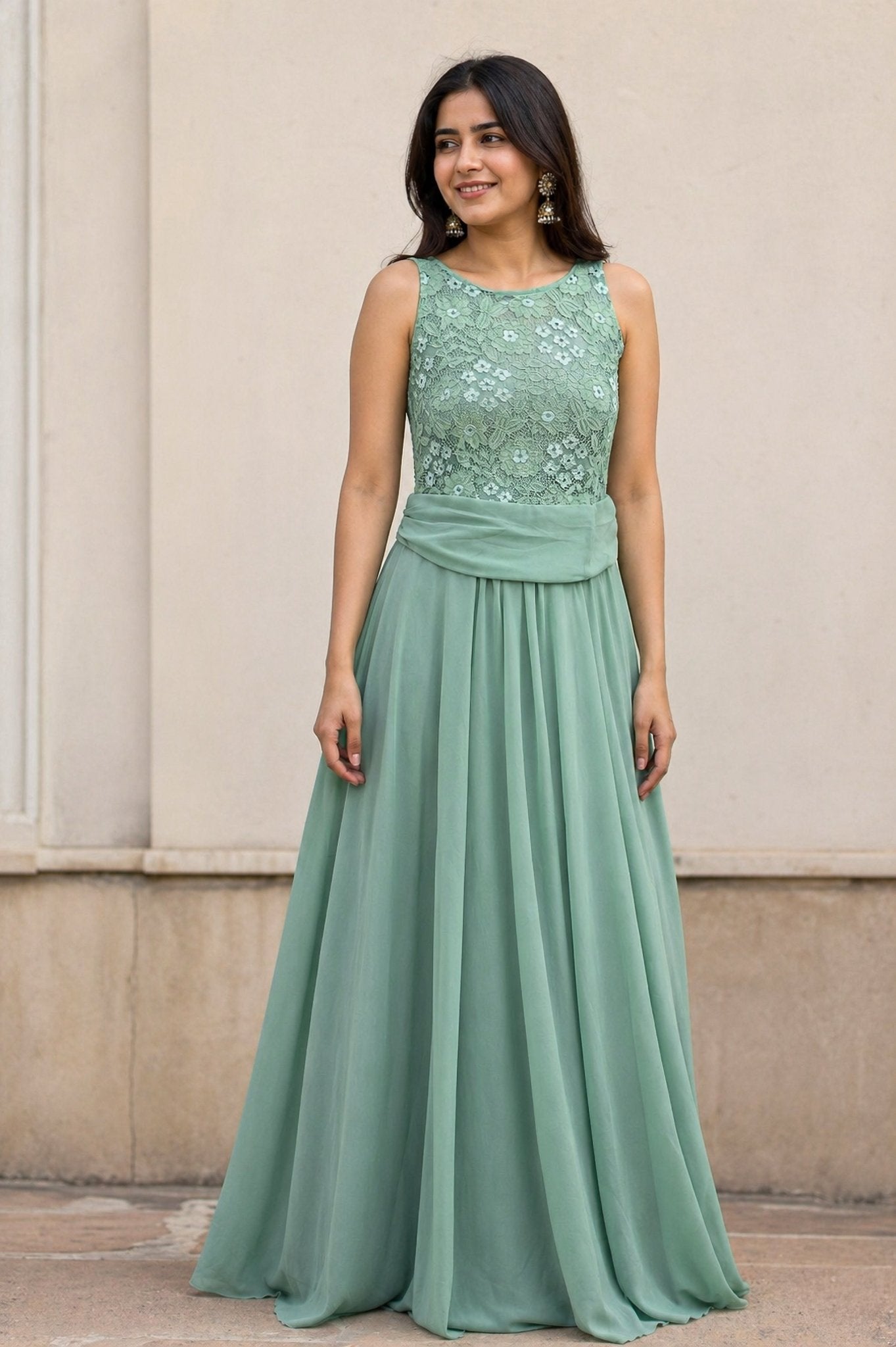 Pista Green Lace Evening Gown for Women in Dubai | Elegant Designer Gown UAE - SOL BY SMITHA
