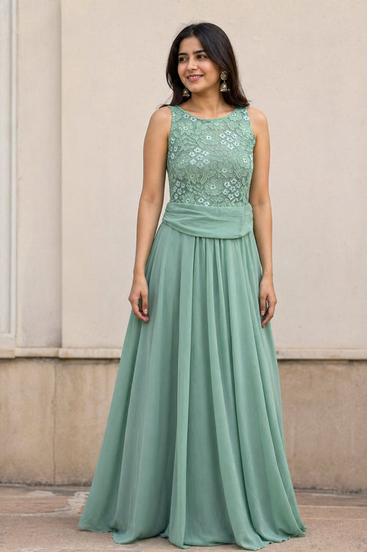 Pista Green Lace Evening Gown for Women in Dubai | Elegant Designer Gown UAE - SOL BY SMITHA