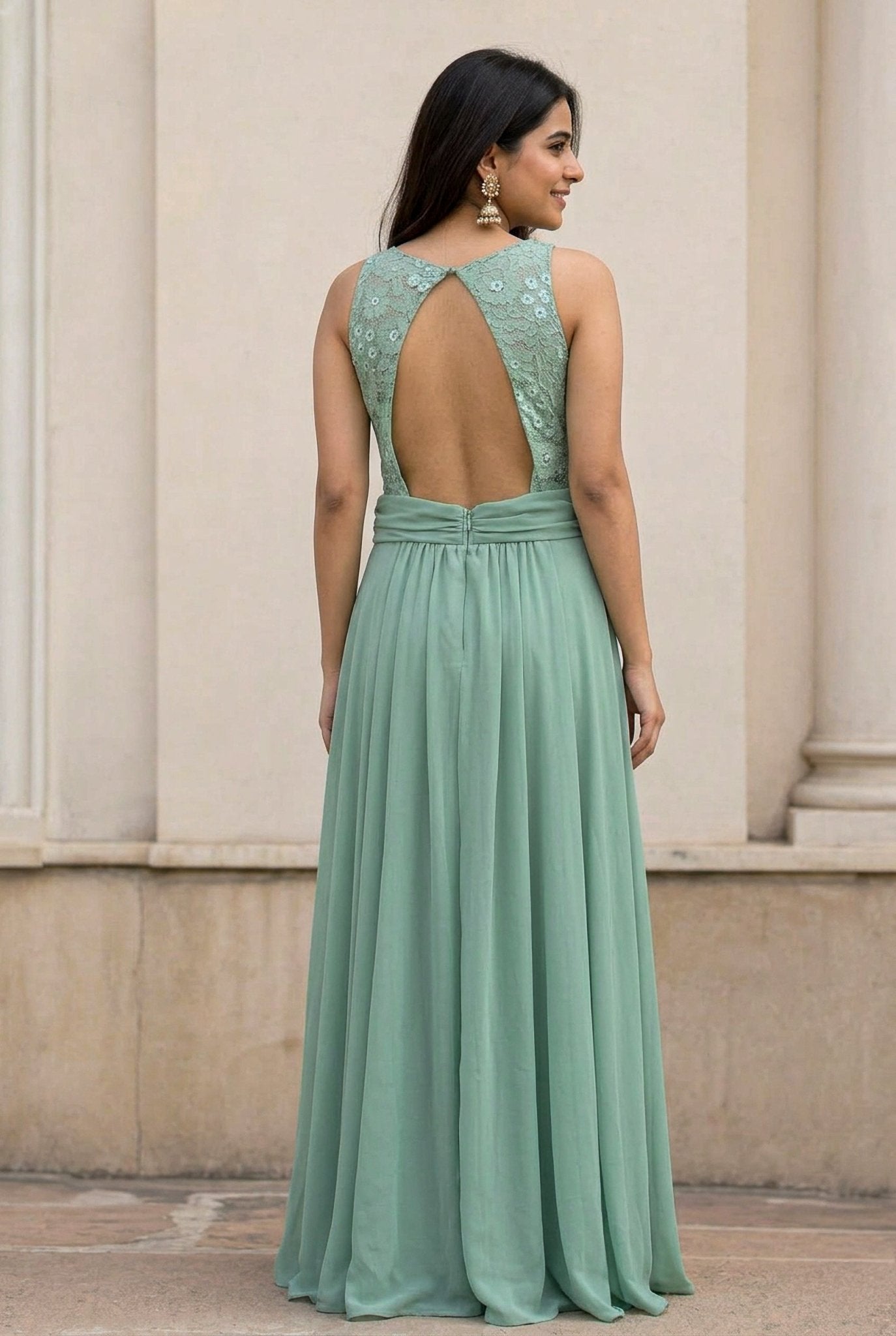 Pista Green Lace Evening Gown for Women in Dubai | Elegant Designer Gown UAE - SOL BY SMITHA
