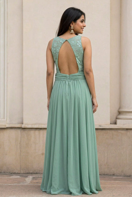 Pista Green Lace Evening Gown for Women in Dubai | Elegant Designer Gown UAE - SOL BY SMITHA