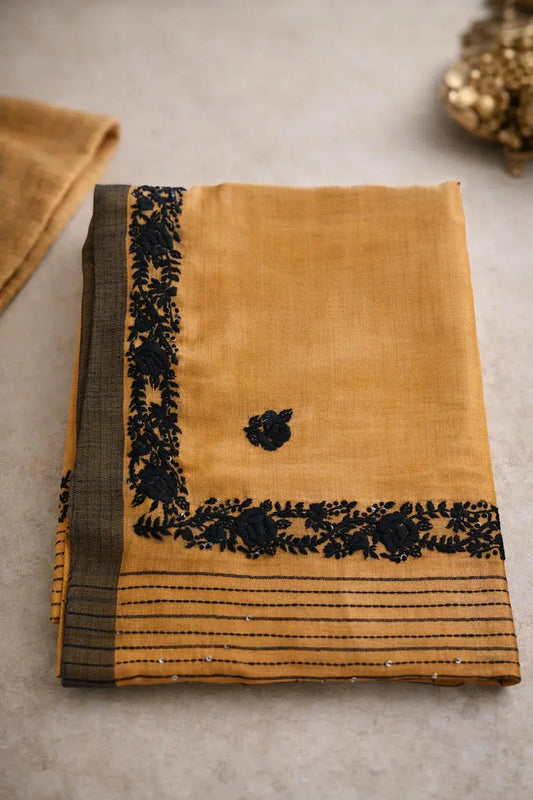 Pure Linen Katha Saree with Black Hand Embroidery – Festive & Party Wear - SOL BY SMITHA