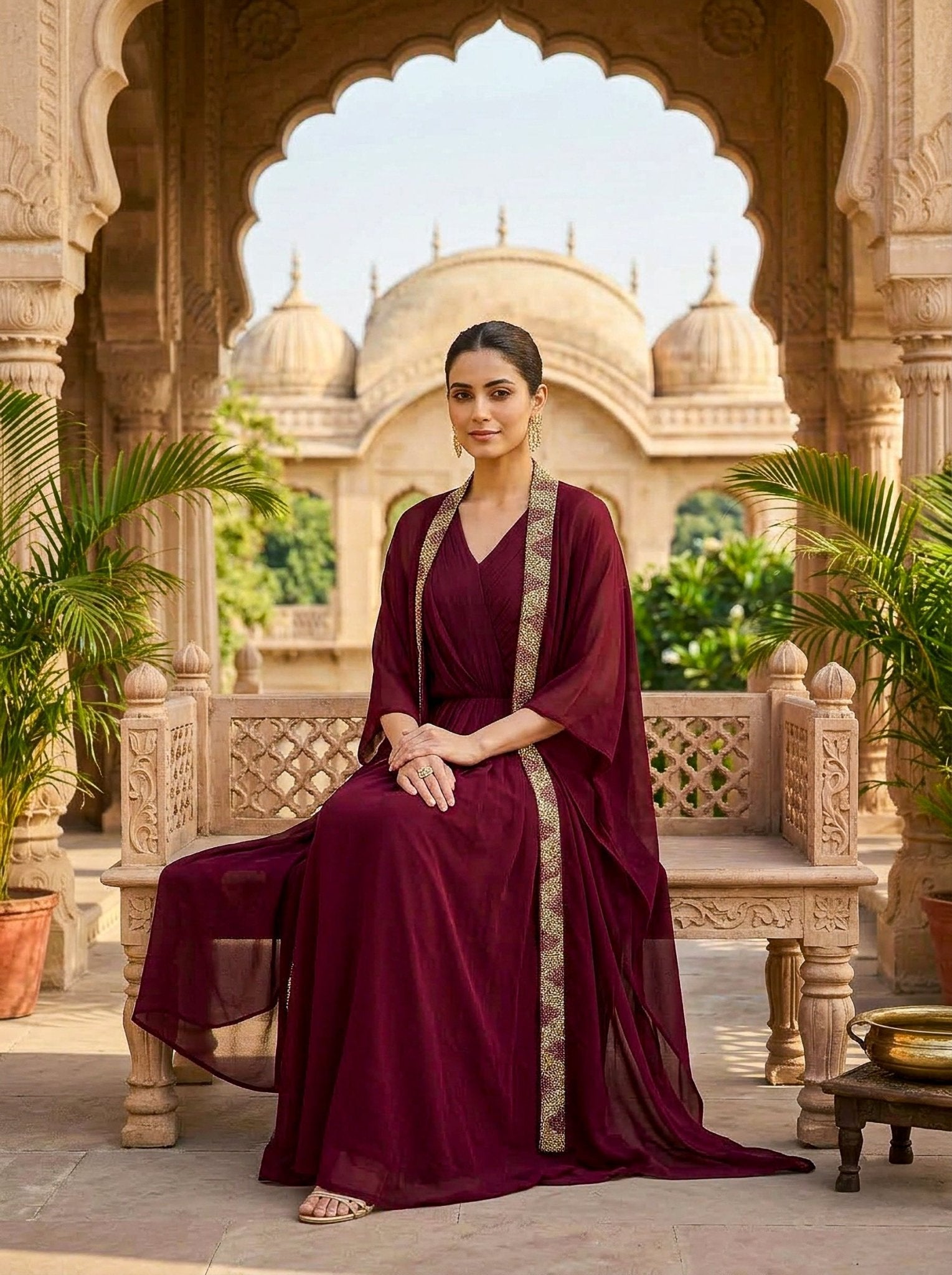 Pure Organza Maroon Set & Coat - SOL BY SMITHA