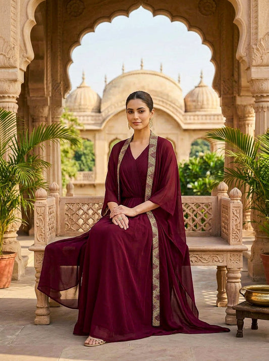 Pure Organza Maroon Set & Coat - SOL BY SMITHA