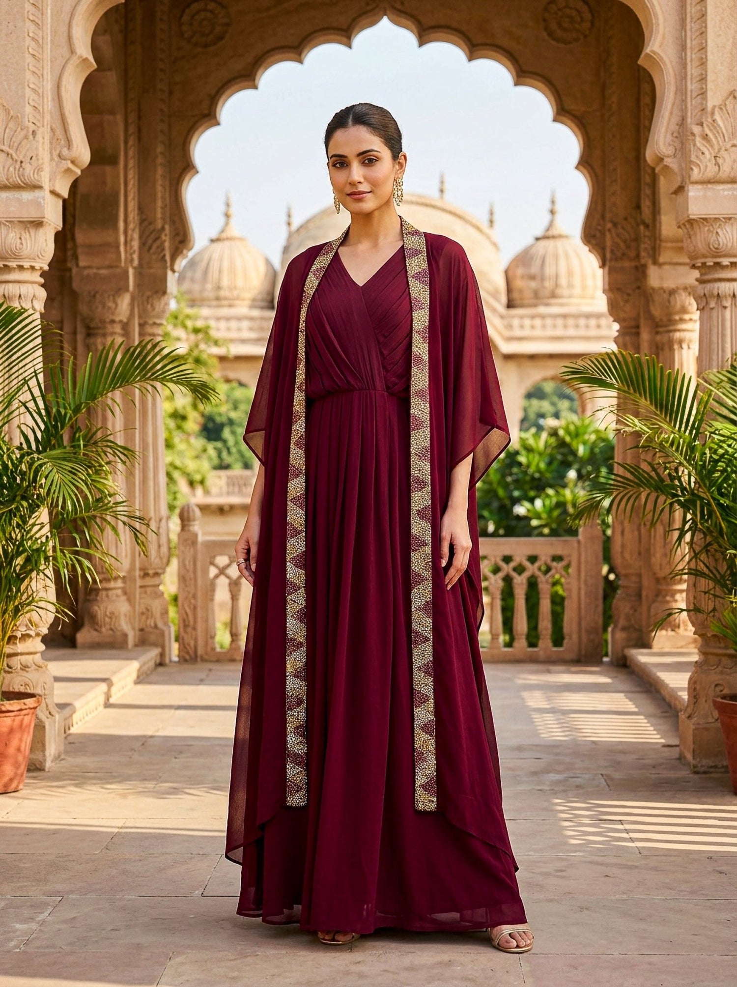 Pure Organza Maroon Set & Coat - SOL BY SMITHA