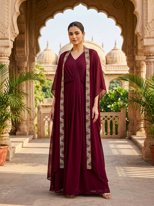 Pure Organza Maroon Set & Coat - SOL BY SMITHA