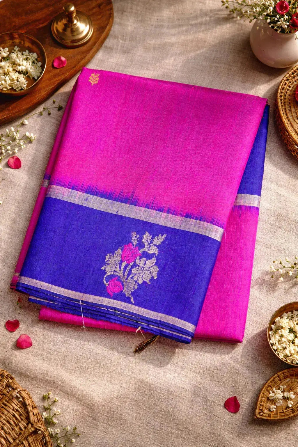 Pure Raw Silk Magenta with purple contrast border - SOL BY SMITHA