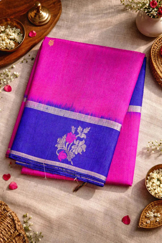 Pure Raw Silk Magenta with purple contrast border - SOL BY SMITHA