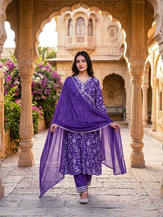 Purple Kurti Set for Women | 3 Piece Ethnic Suit with Dupatta - SOL BY SMITHA