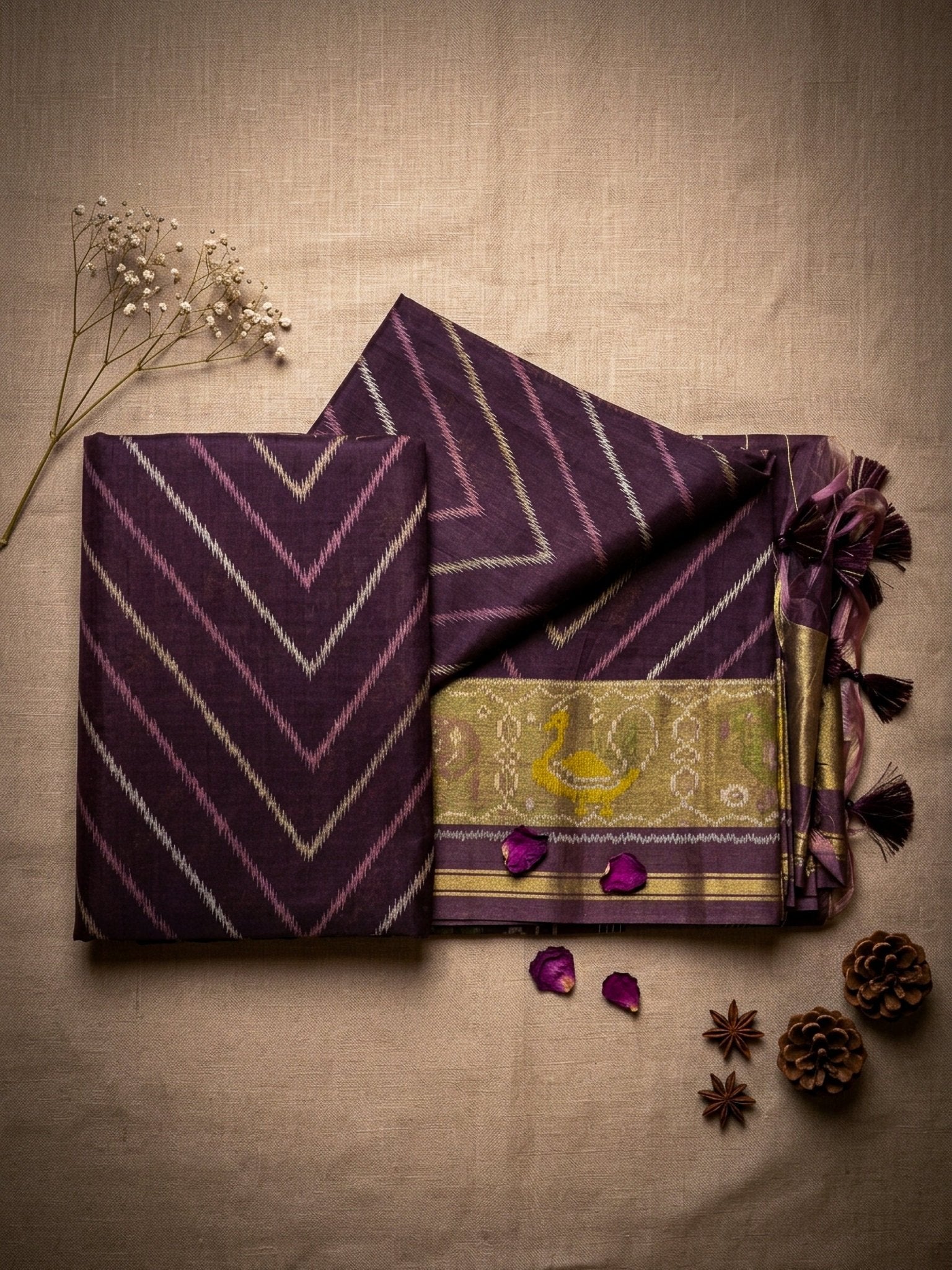 Purple Multicolor Printed Saree for Women | Ikat Style Cotton Saree with Tassels - SOL BY SMITHA