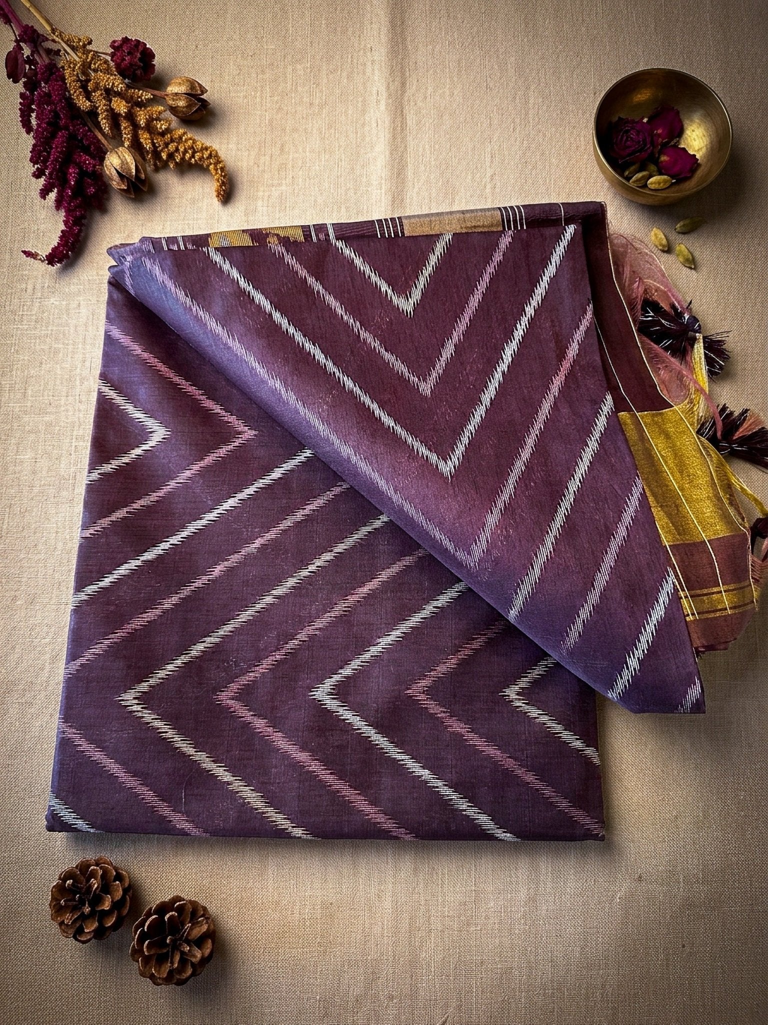 Purple Multicolor Printed Saree for Women | Ikat Style Cotton Saree with Tassels - SOL BY SMITHA