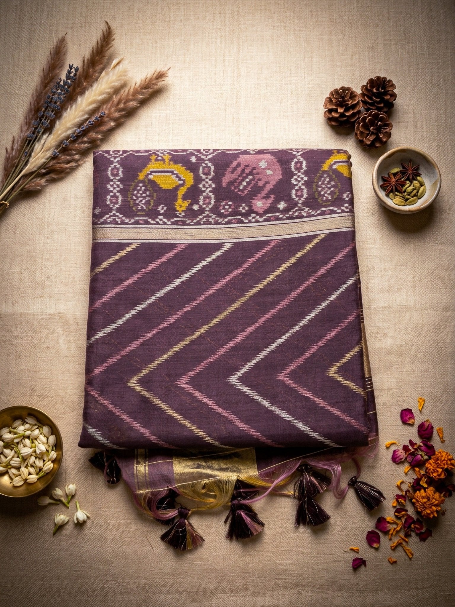 Purple Multicolor Printed Saree for Women | Ikat Style Cotton Saree with Tassels - SOL BY SMITHA